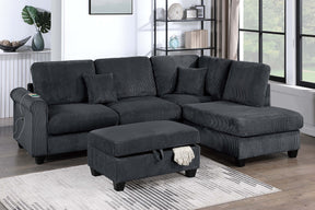 Contemporary Style 3pc Sectional Set Right Arm Chaise Left Arm Sofa w/ USB Port Storage Ottoman Throw Pillow Wooden Legs Black Finish Primary Living Room - sold by Home Elegance USA