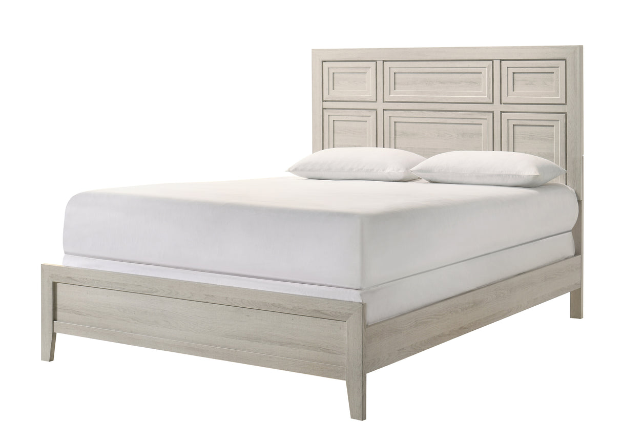 1pc Antique White King Size Panel Bed Recessed Design Wooden Bedroom Furniture