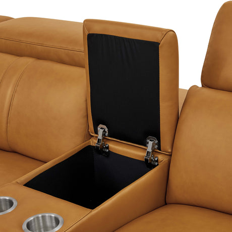 Leather Match Modular Sectional with Recliner Seat and Adjustable Headrest and Storage Console with Cup Holders - sold by Home Elegance USA