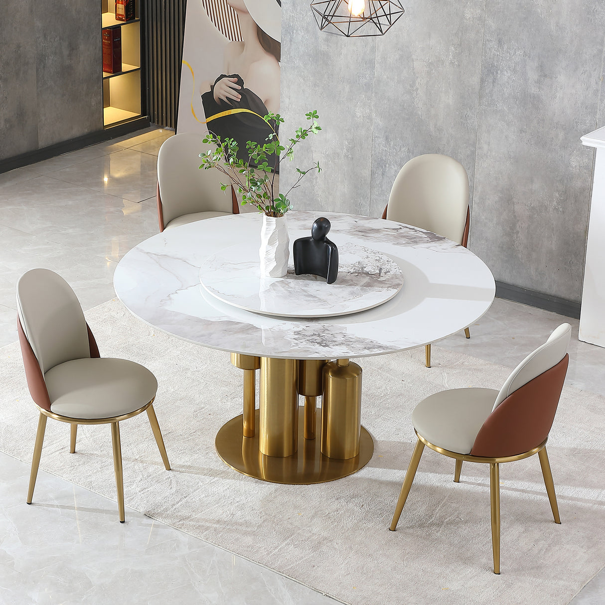 Modern Marble Dining Table, 59' Round Sintered Stone Table for Dining Room, Kitchen, Dinette, Compact Space With Lazy Susan(4 chairs)
