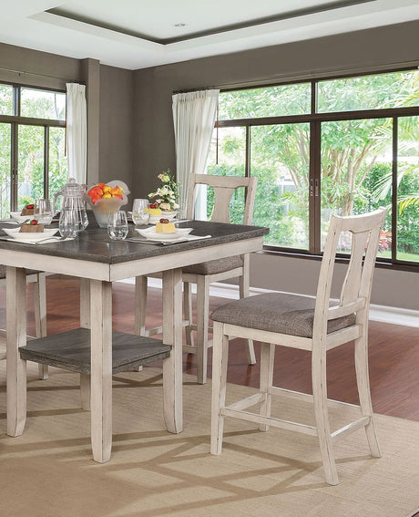 Dining Room Rustic Style Antique White 5pc Dining Set Counter Height Table w Shelf Unique High Chairs Furniture - sold by Home Elegance USA