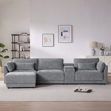 124'' L-Shaped Sectional Sofa with Multi-Functional Storage Console, Wired&Wireless Charger, Movable Ottoman, Wider&Thicker Cushion, Free Combination for Living Room&Apartment, Chenille - sold by Home Elegance USA