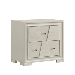 Textured Trapezoid Front Panels Nightstand English Dovetail Drawers Round Knobs Central Metal Glide White Finish Bedroom Furniture