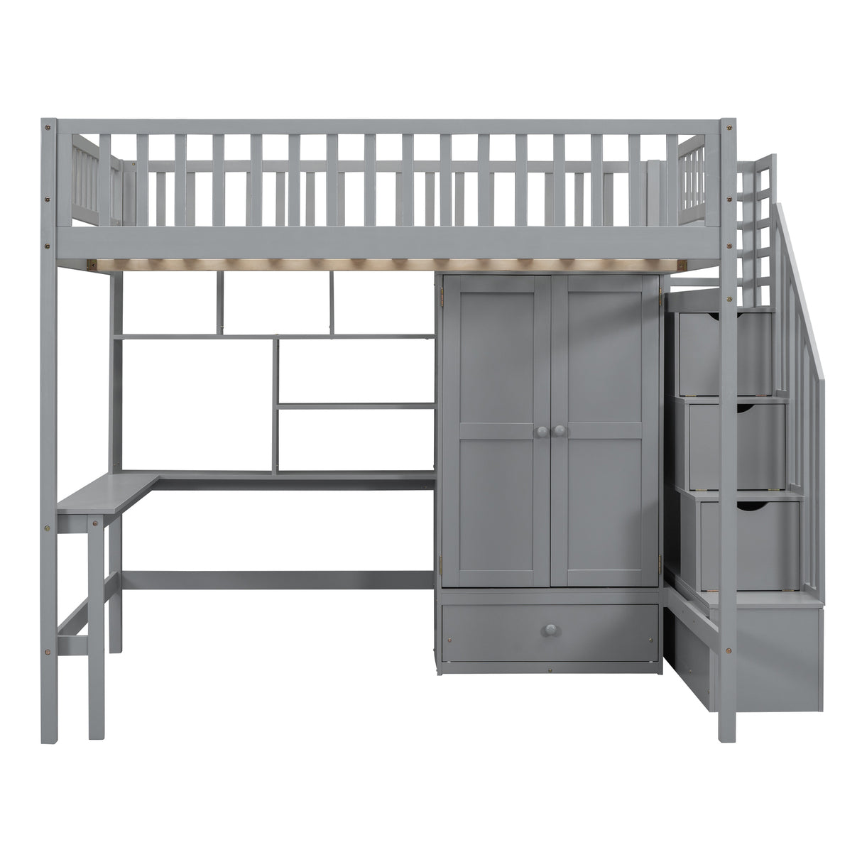 Full size Loft Bed with Bookshelf,Drawers,Desk,and Wardrobe-Gray - Home Elegance USA