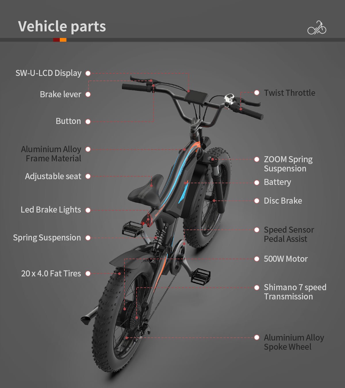 AOSTIRMOTOR Electric Bicycle 500W Motor 20" Fat Tire With 48V/15Ah Li - Battery S18 - MINI New style - W115591548 - Home Elegance USA - 11