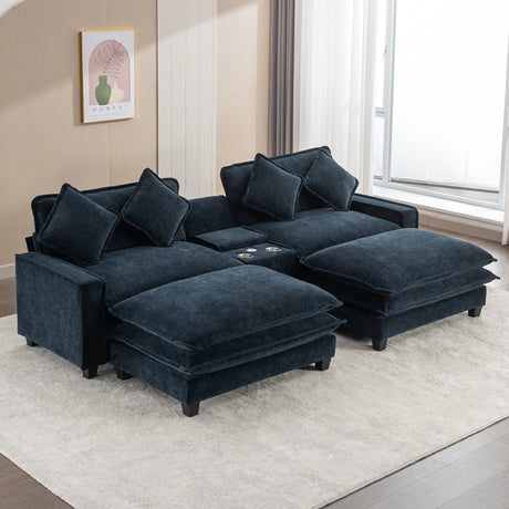 Contemporary Chenille Upholstered Sectional Sofa with Ottomans, USB Ports, Cup Holders & Storage, Blue - sold by Home Elegance USA