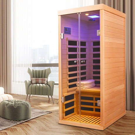 Luxury One-Person Hemlock Low-EMF Far Infrared Sauna with Double Glass Doors - sold by Home Elegance USA