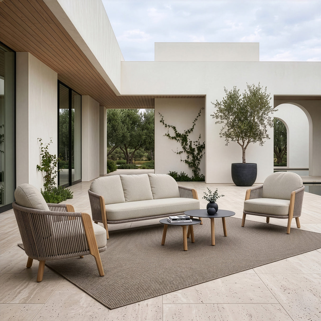 Cayman - Outdoor Beige + Teak Sofa Set - View Image 1