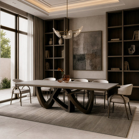 Dollemore - Modern Faux Travertine Ceramic + Antique Brass Dining Table - View Image 1