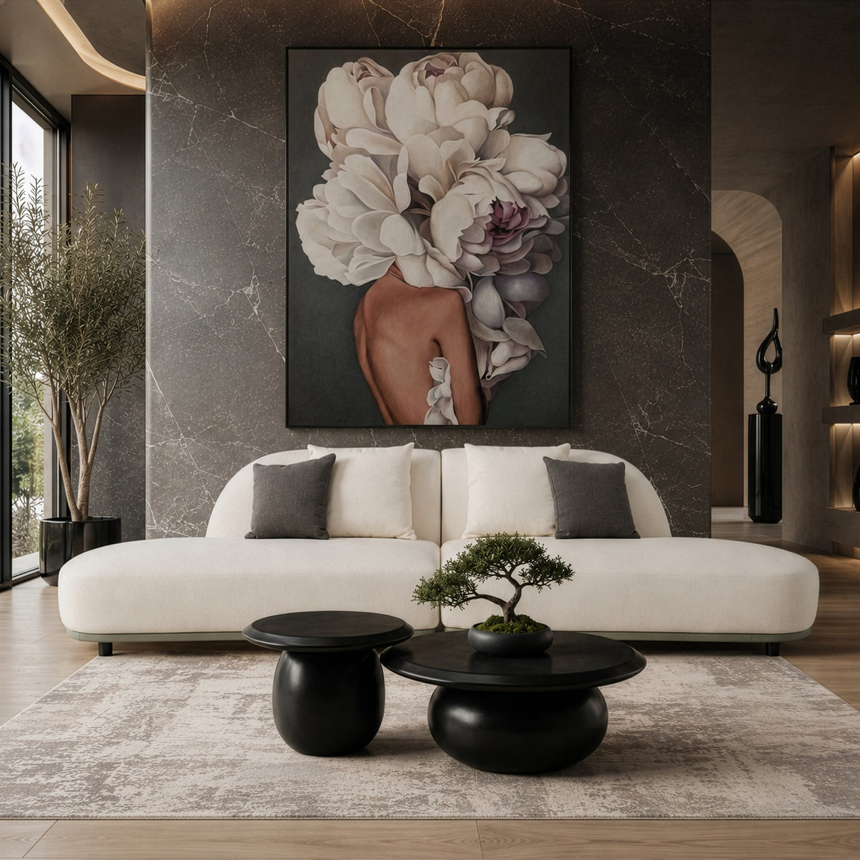 Falcone - Contemporary Off-White + Grey Bonded Leather Curved Sectional Sofa - View Image 1