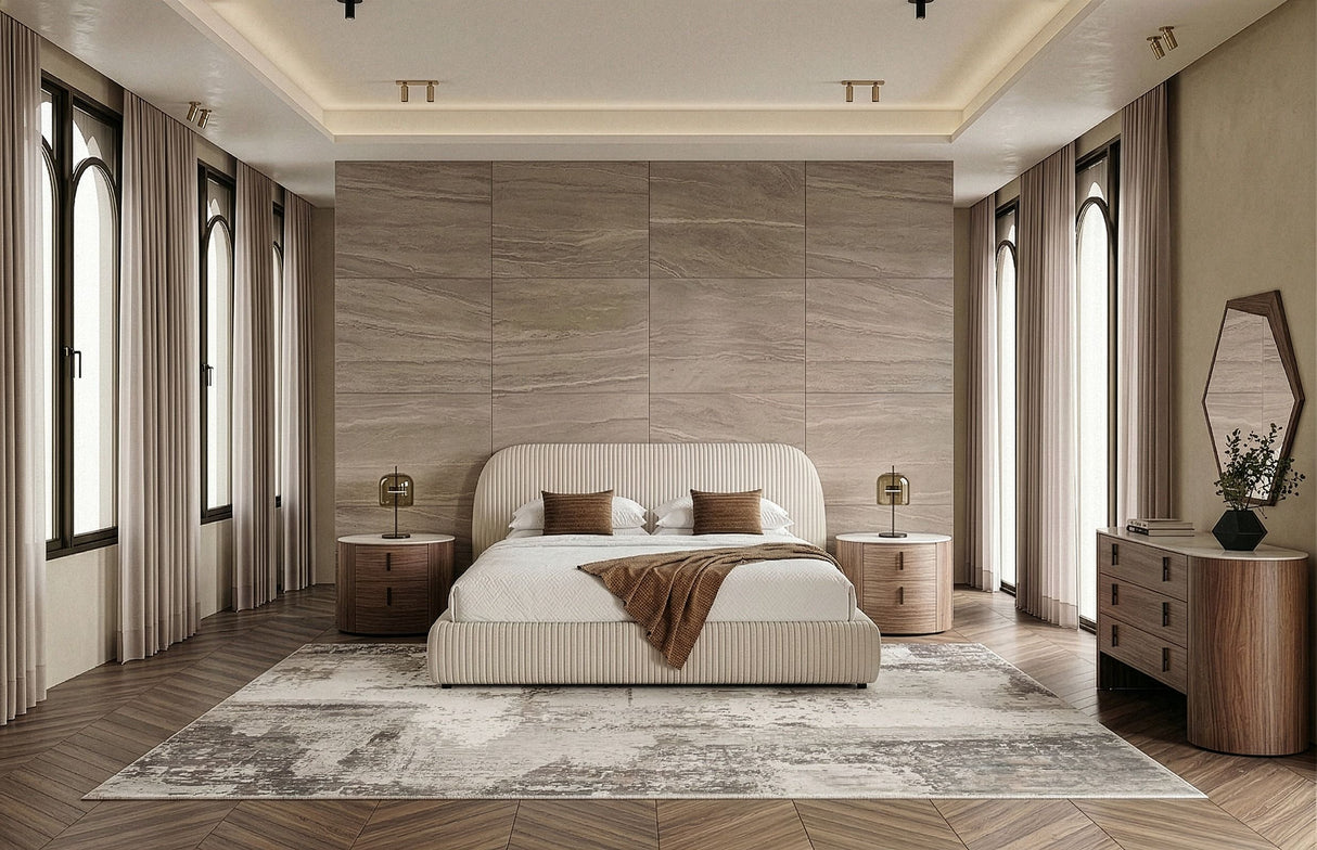 Eastern King Hortman + Chelton - Modern Beige Velvet + Walnut 4-Piece Bedroom Set