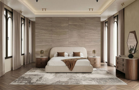 Eastern King Hortman + Chelton - Modern Beige Velvet + Walnut 4-Piece Bedroom Set