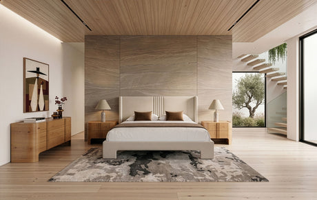 Eastern King Newhart - Modern Beige Fabric + Natural Oak 4-Piece Bedroom Set