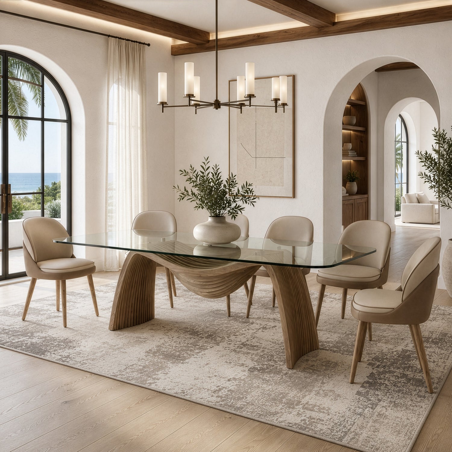 Pangea - Mid-Century Modern Glass + Buckwheat Ash Rectangular Dining Table - View Image 1