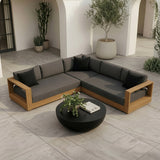 Santorini - Outdoor Grey Olefin Fabric + Natural Teak Sectional Sofa - View Image 1
