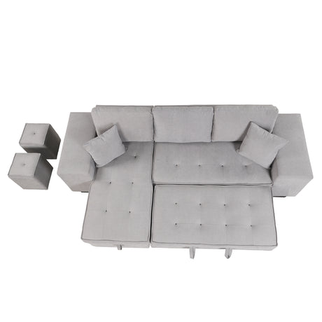 Modern Reversible L-Shape Pull Out Sleeper Sofa with Storage Chaise and Stools, Gray Linen, 104.5' - sold by Home Elegance USA