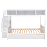 Twin over Full Bunk Bed with Shelfs, Storage Staircase and 2 Drawers, White - Home Elegance USA