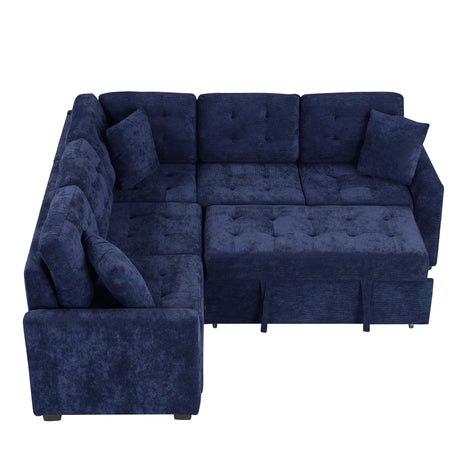 Navy Blue L-shape Sofa Bed with Pull-out Sleeper, USB Ports, Power Sockets, Corded Velveteen, 82.6' - sold by Home Elegance USA