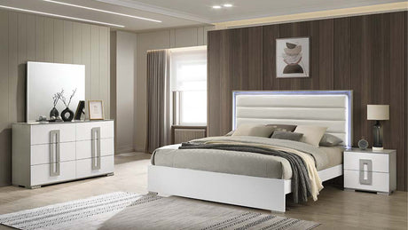 Olivia Contemporary Style 4 Pc Full Bedroom Set with LED Headboard Made with Wood in White