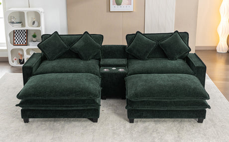 Chenille Upholstered 111' Sectional Sofa with Two Removable Ottomans, USB Ports, Cup Holders, and Storage, Green - sold by Home Elegance USA