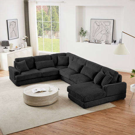 Modern Oversized U-shaped Sectional Sofa with Chaise Lounge Upholstered in Soft Black Corduroy - sold by Home Elegance USA
