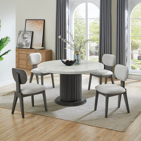 Valencia 5-Piece 54' Round White Faux Marble Dining Set with Gray PVC Upholstered Pedestal Base & Light Gray Fabric Chairs - sold by Home Elegance USA