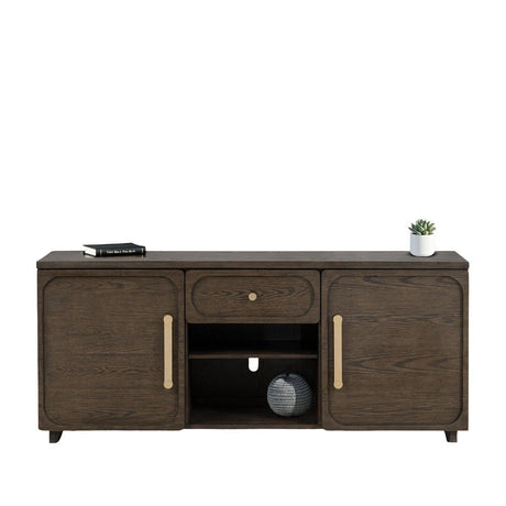 Transitional Style 1pc TV Console Gold Handles And Knob Recessed Panels Dark Walnut Finish - sold by Home Elegance USA