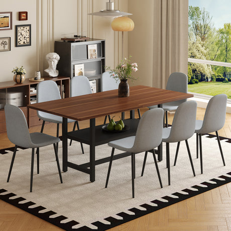 Table and chair set.71*35.4 inch fashionable walnut grain dining table, a practical choice to add color to the home.Paired with 8 Light Gray Linen-Cotton Material High Resilience Dining Chairs. - sold by Home Elegance USA