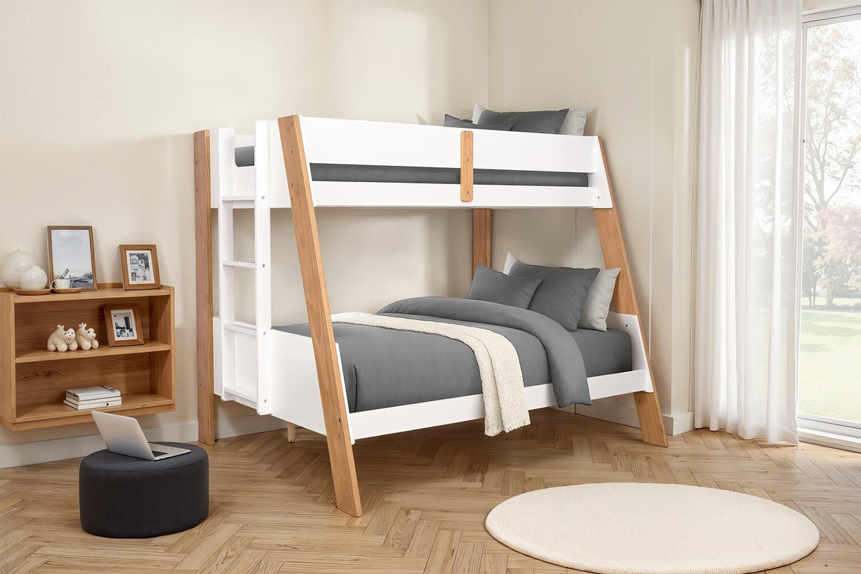Contemporary Style Twin Over Full Bunk Bed Lock Joint Attached Ladder Side Rails Natural White Finish Bedroom Furniture