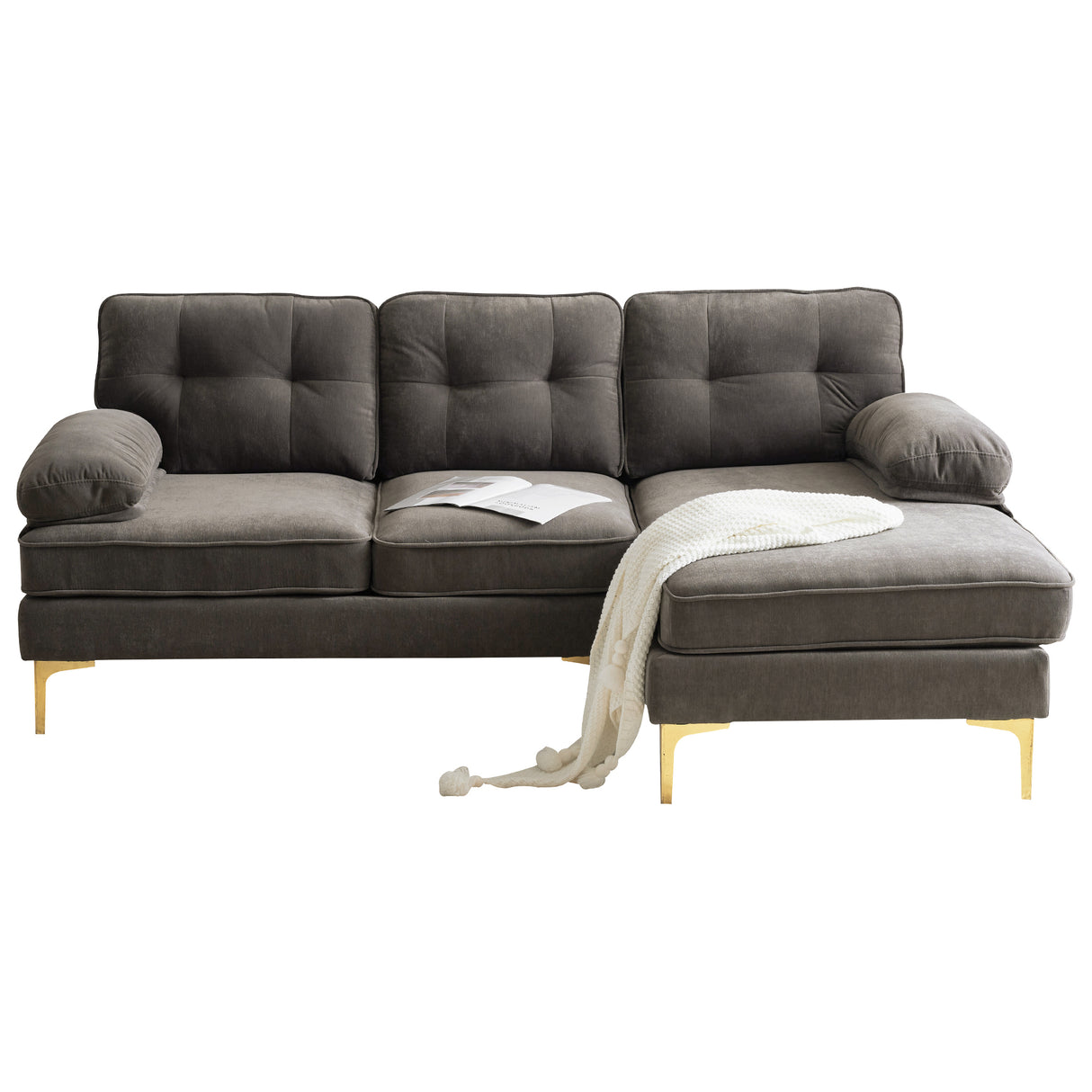 Velvet L-Shaped Sectional Sofa: Luxurious 83" Modern Design for Living Room & Bedroom Décor | Brown Comfort and Style - Home Elegance USA