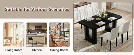 Table and chair set.64.5 x 35.4 Inch Stylish Black Wood Color Textured Dining Table.4-pack white PU dining chairs: ergonomic buckle backrest.Exudes A Strong Sense Of Fashion. - sold by Home Elegance USA