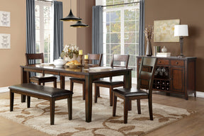 Cherry Finish Classic 6pc Dining Set Wooden Table w Draw Leaf Bench and 4 Side Chairs Faux Leather Upholstered Durable Furniture Transitional Style Ladder Back - sold by Home Elegance USA