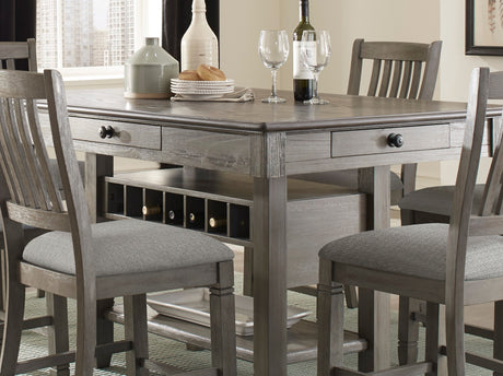 Antique Gray Dining Furniture Counter Height Table w Drawers Wine Rack Shelf and 4x Counter Height Chairs 5pc Dining Set Classic Style - sold by Home Elegance USA