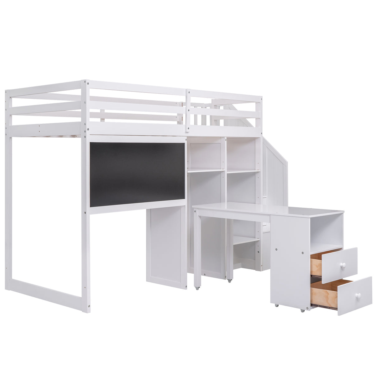 Twin Size Loft Bed with Pullable Desk and Storage Shelves,Staircase and Blackboard,White - Home Elegance USA