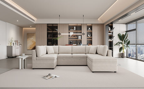 Oversized U-Shaped Sectional Sofa Couch with Pull-out Bed, Beige Chenille, 117.3' - sold by Home Elegance USA