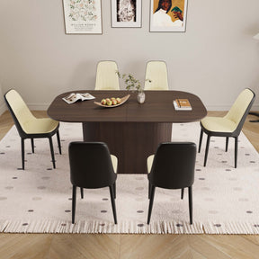 63 'medieval modern brown style MDF dining table and PU dining chair set 6. Assemble Desktop and black metal leg dining chair set, suitable for home&kitchen - sold by Home Elegance USA