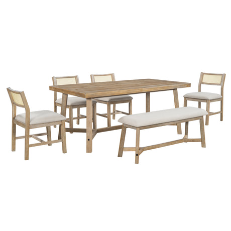 TREXM 6-piece Retro Farmhouse Style Dining Set, Rectangular Table and 4 Upholstered Chairs with Rattan and Bench for Dining Room and Kitchen (Natural Wood Wash) - sold by Home Elegance USA
