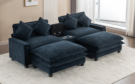 Contemporary Chenille Upholstered Sectional Sofa with Ottomans, USB Ports, Cup Holders & Storage, Blue - sold by Home Elegance USA