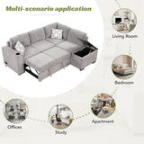 83.8" Reversible Sectional Pull - Out Sofa Bed L - Shaped Corner Sofa Couch with Storage Chaise, USB Ports, Power Sockets, Cup Holder for Living Room, Bedroom, Study,Light Gray | Home Elegance USA