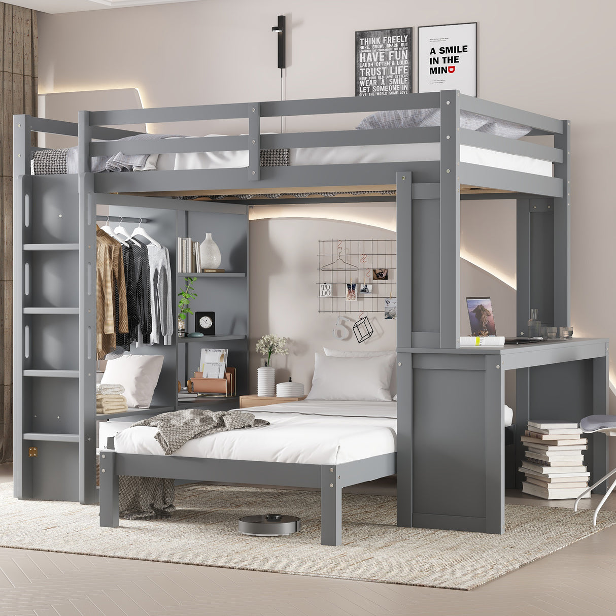 Queen over Twin Bunk Bed with Dismountable Lower Bed and Desk, Solid Wood Bunk Beds Frame with Built-in Shelves and Wardrobe, Can be Converted into Loft Bed, Grey