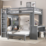 Queen over Twin Bunk Bed with Dismountable Lower Bed and Desk, Solid Wood Bunk Beds Frame with Built-in Shelves and Wardrobe, Can be Converted into Loft Bed, Grey
