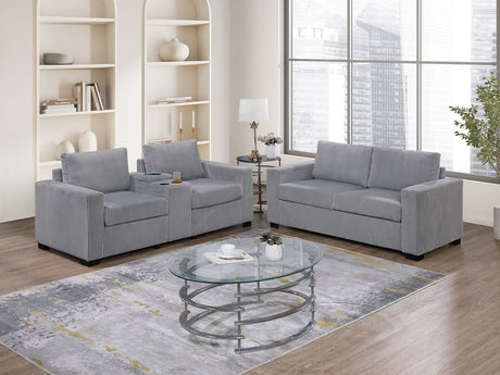 Elegant Simple Sofa w Console Cup Holder And Loveseat 2pcs Sofa set Light Gray Wide-Welt Corduroy Living Room Couch