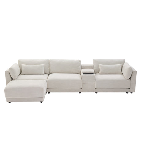 124'' L-Shaped Sectional Sofa with Multi-Functional Storage Console, Wired&Wireless Charger, Movable Ottoman, Wider&Thicker Cushion, Free Combination for Living Room&Apartment, Chenille - sold by Home Elegance USA
