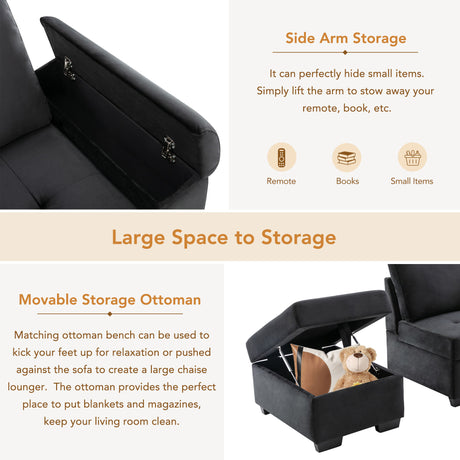 Sleeper Sectional Sofa, L-Shape Corner Couch Sofa-Bed with Storage Ottoman & Hidden Arm Storage & USB Charge  for Living Room Apartment, Black - sold by Home Elegance USA