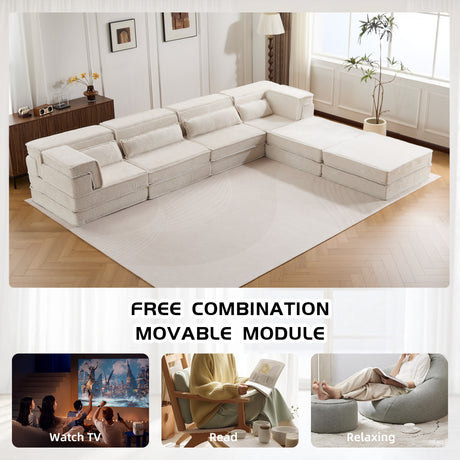 Compression Mahjong Sofa,Convertible Floor Sofa Bed,DIY Boneless Modular Sectional Sofa,No Assembly Required,Circle fleece fabric,Oversized 4 Seater with 2 Ottoman,White - sold by Home Elegance USA