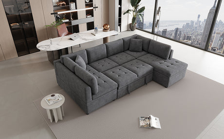 Oversized Sectional Sofa U-shaped Couch Pull-out Sofa Bed with Two Throw Pillows Gray Chenille 117.3' - sold by Home Elegance USA
