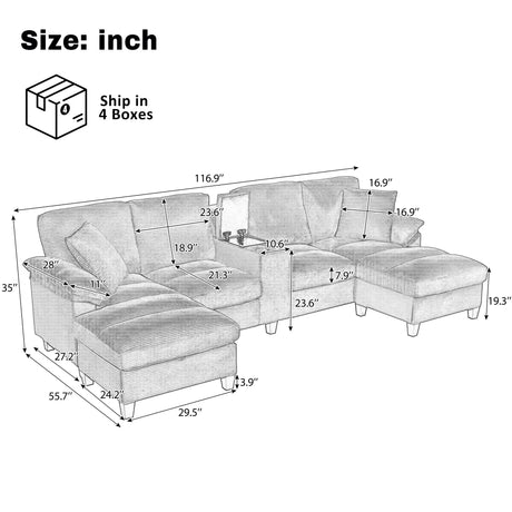 Modern Green U-shaped Sectional Sofa with Corduroy Upholstery, Hidden Storage Ottomans, USB Ports, and Cup Holders, 116.9' - sold by Home Elegance USA