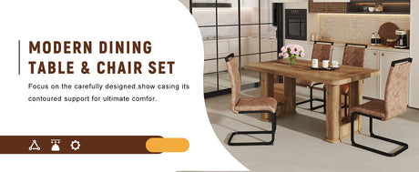 Table and chair set.64.5 x 35.4 Inch Stylish Wood Color Textured Dining Table.Perfectly Blending Simplicity And Transparency.Paried With 4 Brown technology fabric chairs with arched black legs. - sold by Home Elegance USA