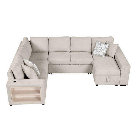 Beige Chenille U-Shaped Sectional Sofa with Pull-out Bed, USB Ports, Storage Chaise & Back Pillows - sold by Home Elegance USA