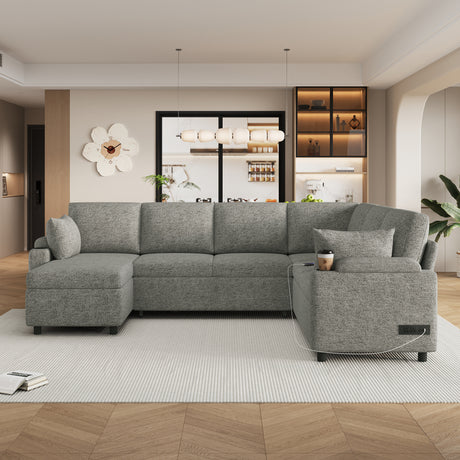 Versatile Light Grey Chenille Sectional Sofa Bed with Storage, Cup Holders & Charging Ports, 109.9' - sold by Home Elegance USA